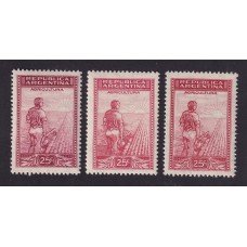 ARGENTINA 1935 GJ 756 ESTAMPILLAS NUEVAS MINT PAPEL RAYADO 1 CARMIN OSCURO 1 BERMELLON 1 CARMIN CLARO U$ 33,80